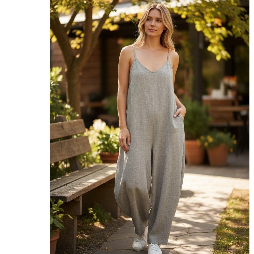 Shinestar Sleeveless Jumpsuit Romper V Neck Wide‎ Straps Beige Size Large